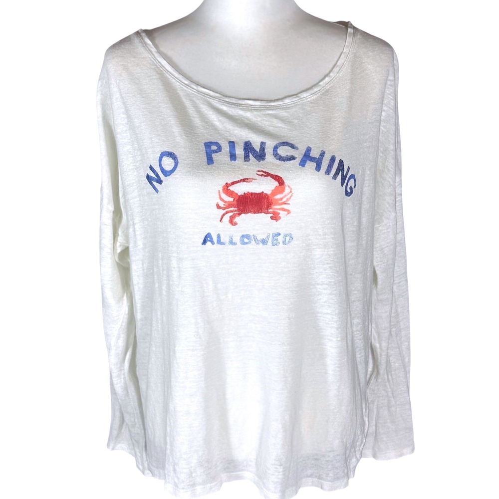 Talbots Graphic Top Women XL White No Pinching Allowed Crab 100% Linen LS